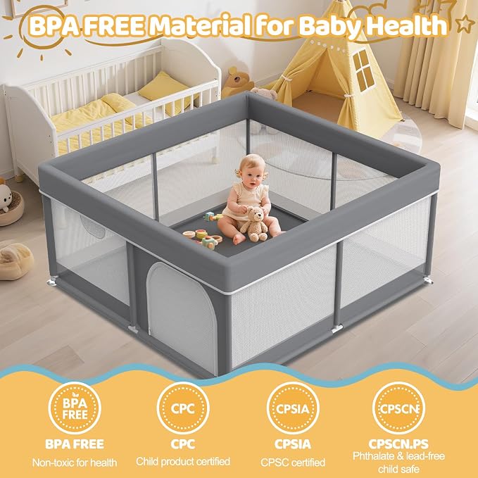 Grey Baby Playpen 64"x64" - with 2 Pull Up Rings Full Cover Anti-Collision Large Playard for Babies and Toddlers Dark Gray Pack n Play Alternative Safety Play Yard Infant Activity Center
