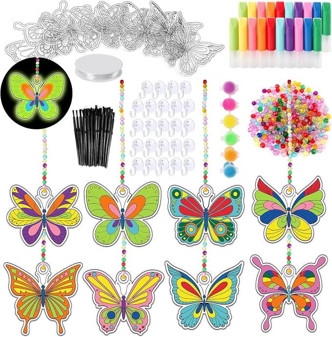 Nlicrst 32 Sets Butterfly DIY Sun Catcher Crafts Decorations, Sun Catcher Kits for Adults Window Art, Suncatcher Paint DIY Craft Kits for Kids Classroom Decorations