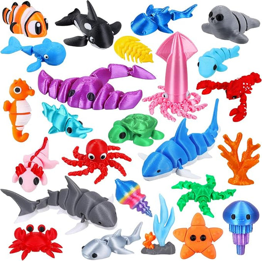 ywevyezc 25 Pcs 3D Printed Ocean Animals Set, Flexible Articulated Mini Sea Animal Figurines Fidget Toy Desk Pets, Ideal for Party Favors Birthday Gifts Office Desktop Home Decor