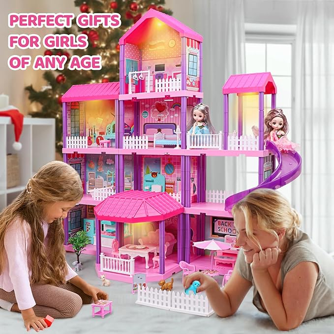 beefunni Doll House, Dollhouse for Girls, Doll Houses with 4 Stories-11 Rooms, 2 Dolls, Furniture Accessories and Lights, Princess Dollhouse 2026 Christmas Toy Gifts for 3 4 5 6 7 8+ Year Old Girls