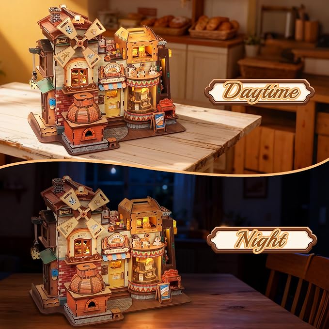 Cutefun 3D Wooden Puzzle for Adults, DIY Miniature Bakery House Kit, Wooden Mechanical Model 576 Pcs Building Kit with LED Light & Music, Creative Craft Gift Home Decor (Bread Factory)