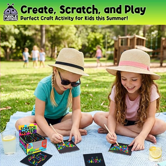 PURPLE LADYBUG Scratch Art for Kids - 150 Rainbow Scratch Art Mini Notes Arts and Craft Supplies, Crafts for Kids Ages 4-12, Summer Activities for Kids Camping & Summer Crafts