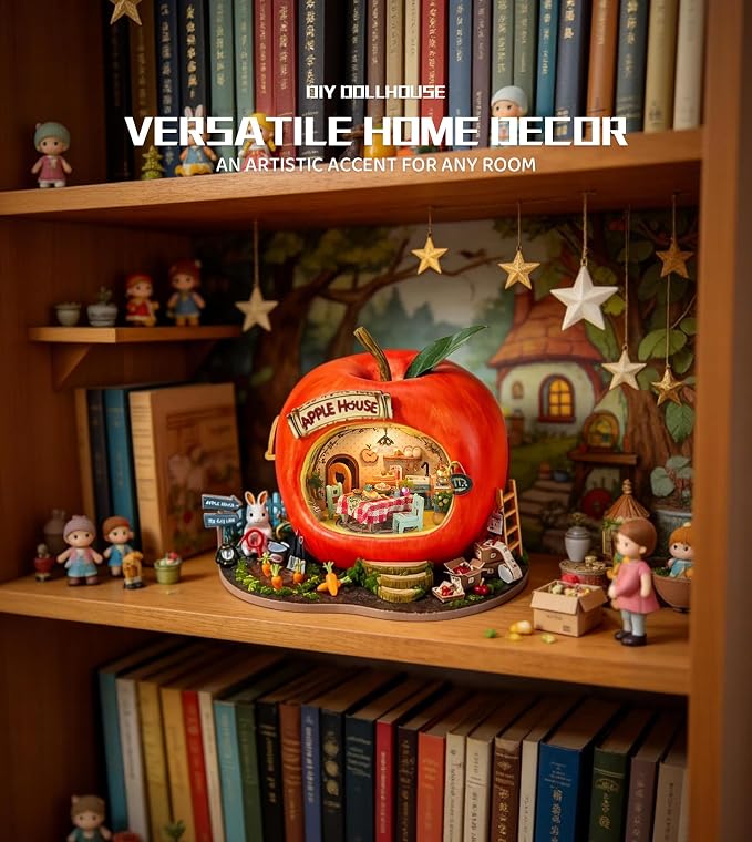 Roroom DIY Miniature House Kit, Rabbit Apple House Book Nook Kit with LED Light,3D Wooden Puzzle Miniature Dollhouse Kit for Bookshelf Decor-Creative Crafts for Family and Friends