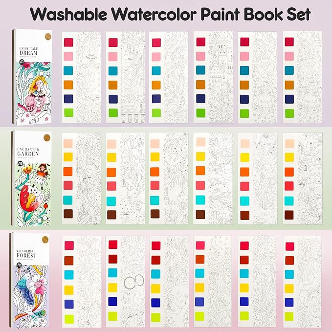3pack Watercolor Painting Coloring Books, Paint with Water Arts & Crafts Kit for Kids, Pocket Watercolor Paint Bookmarks, Travel Activities Art Supplies Party Favors Birthday Gift for Boys and Girls