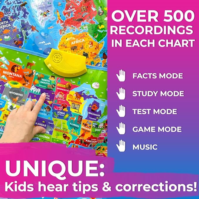 QUOKKA Educational Toys for Kids 5-7 Year Old - USA World Maps Puzzle Learning Wall Chart for Toddlers Age 3 4 6+ - Interactive Speech Therapy Poster Boy Girl - Autism Geography Puzzle Game 8-10-12