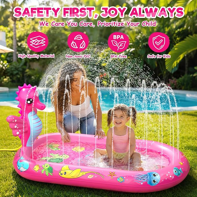 Splash Pad for Toddlers, 3-in-1 Seahorse Inflatable Baby Pool Sprinkler for Kids, Baby Splash Pads Outdoor Play Mat, Backyard Summer Water Toys Birthday Gift for 1+ Year Old Girls Kids