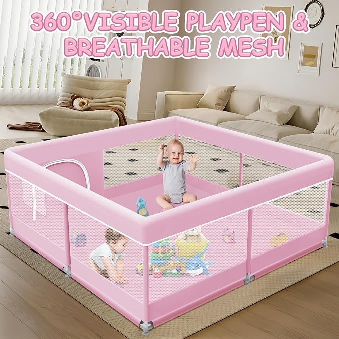 XVISHX Baby Playpen 50 x 50 Inch Play Pen Playards, Playpen for Babies and Toddlers, Baby Playard for Indoor & Outdoor Active Center Game Fence, with Skin-Friendly Fabric and Soft Breathable Mesh Pink