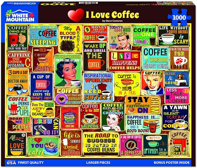 White Mountain 1000 Piece Jigsaw Puzzle Fun Coffee Collage Puzzles with Large Pieces, Gift for Adults and Family 24''x30 - I Love Coffee