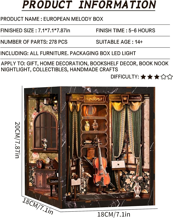 Roroom Book Nook Kits for Adults, DIY Book Nook Kit with LED Light, 3D Wooden Puzzle Miniature House Kit for Bookshelf Decor-Creative Crafts for Family and Friends(European Melody)