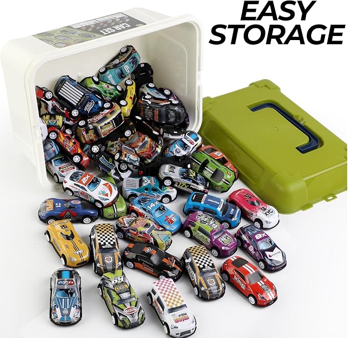 Liberty Imports 50-Pack Pull Back Cars for Kids, 1:64 Scale Mini Car Toys Bulk Metal Race Vehicles in Storage Bucket - Party Favors Goodie Bag Stuffers Classroom Prizes for Boys Girls Toddlers
