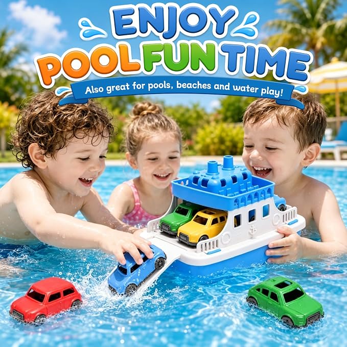 Toy Boat Bath Toys for Toddlers with 4 Mini Car Toys, Kids Water Toys Ferry Boat for Bathtub Bathroom Pool Beach Toys, Birthday Gifts