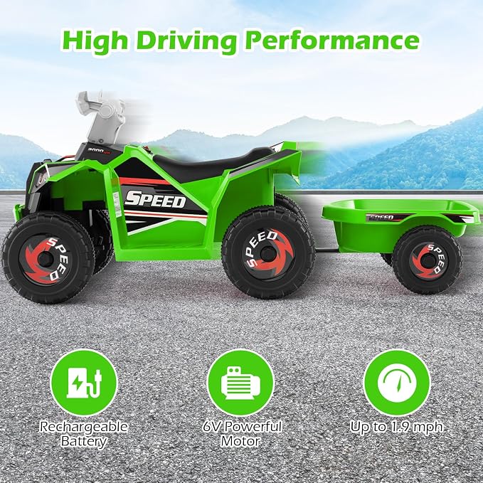 OLAKIDS 6V Kids ATV with Removable Trailer, Forward Backward Function, Widened & Wear-Resistant Wheels, Ride On Toy for Toddlers (Green)