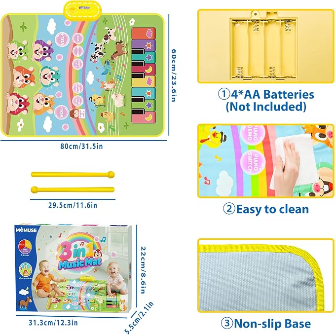 MOMUSE 3-in-1 Piano Music Mat for Kids, Whack-a-Mole Game Floor Play Mat with 30 Sound & Function Keys, Sensory Musical Toys for Girls Boys 3 4 5 6 7 8 9 Years Old