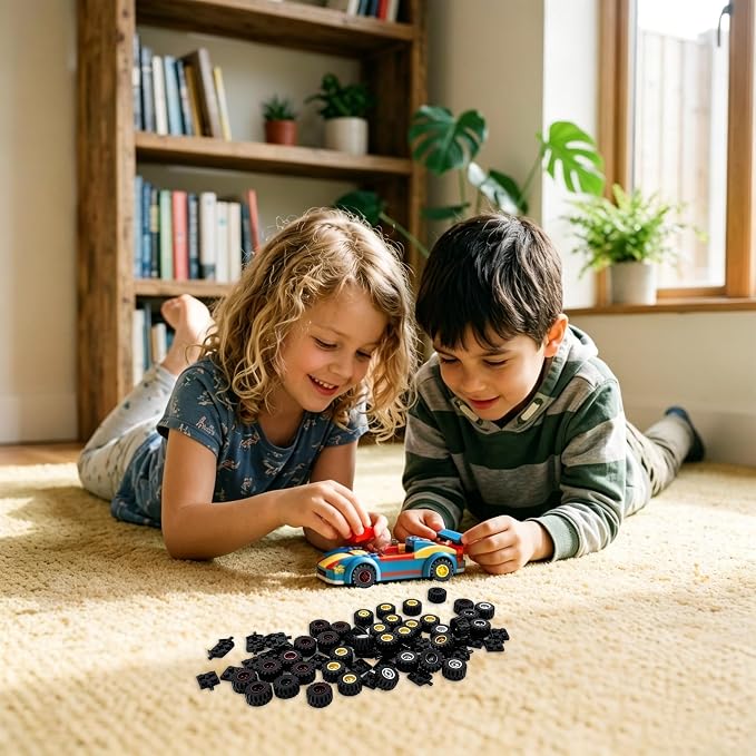 Pamvava Car Wheels and Axles Sets,100 Pieces Car Parts Building Kit with Tires, Vehicle Truck Wheel Compatible with Classic Bricks Toys (Black/Red/Yellow)
