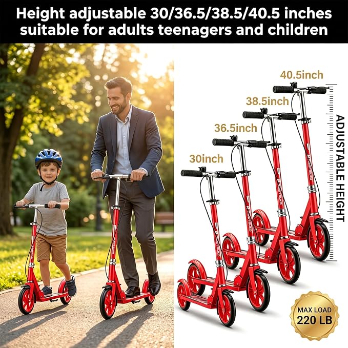 Scooters for Kids 8-12, Teens & Adults - Foldable&Portable Commuter Scooter with 8" Wheels, Bell, Hand Brake & Adjustable Height 30"-40.5", 240 lbs, Manual Push Scooter for Campus & Park
