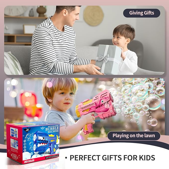 Jasny 2 Pack Rechargeable Dino Bubble Guns for Kids, LED Light Up Bubbles Machine Blower with 2 Bottles Refill Solution for Toddlers, Summer Wedding Toys Gift