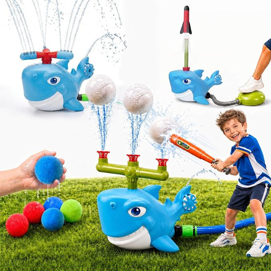 Shark Water Sprinkler Toy for Kids Ages 3-8, 4-in-1 Splash Baseball T Ball Set with Rocket Launcher, 360 Degree Sprinkler and Water Balls, Outdoor Backyard Summer Toy for Boys Girls