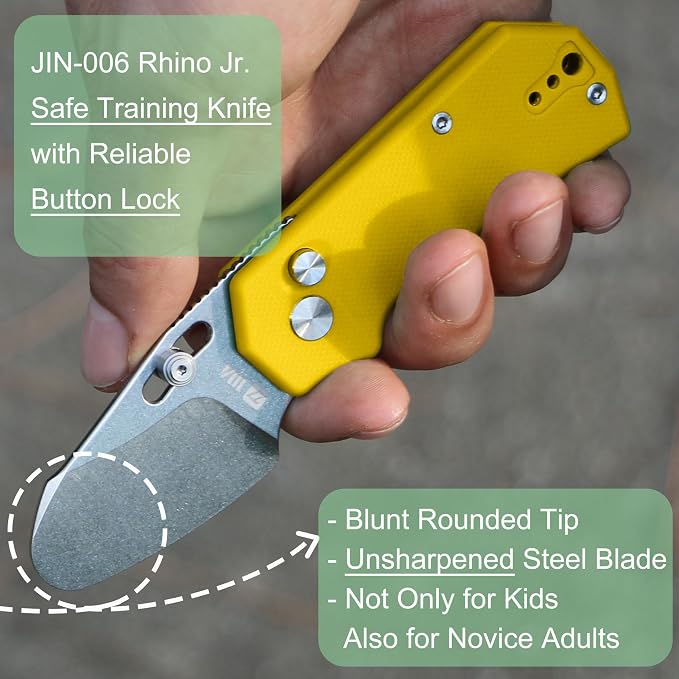 JIN Rhino Jr. Kids Pocket Knife, DIY Knife Kit, Fidget Toy Knives, 1.97” Unsharpened Steel Blade, Rounded Tip, Button Lock Folding EDC, Yellow G10 Handle