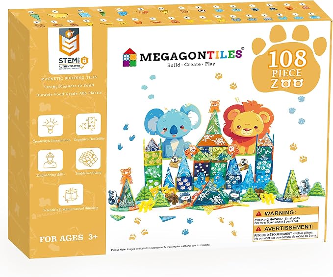MEGAGONTILES Zoo Animals Magnetic Tiles Set 108PCS | STEM-Authenticated Magnetic Building Blocks with Animal Figures | Educational Construction Toy for Toddlers & Kids Ages 3–8 (Boys & Girls)