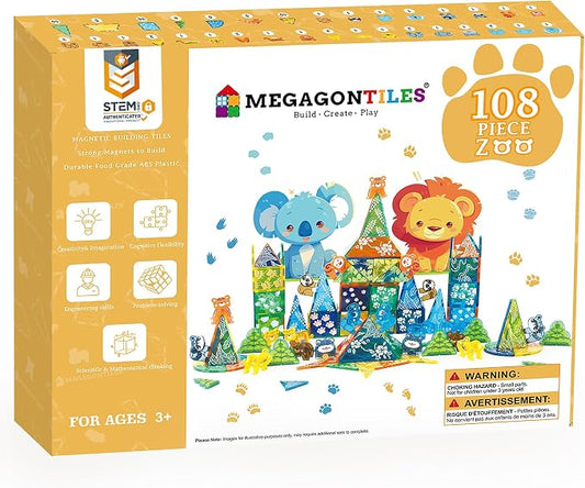 MEGAGONTILES Zoo Animals Magnetic Tiles Set 108PCS | STEM-Authenticated Magnetic Building Blocks with Animal Figures | Educational Construction Toy for Toddlers & Kids Ages 3–8 (Boys & Girls)