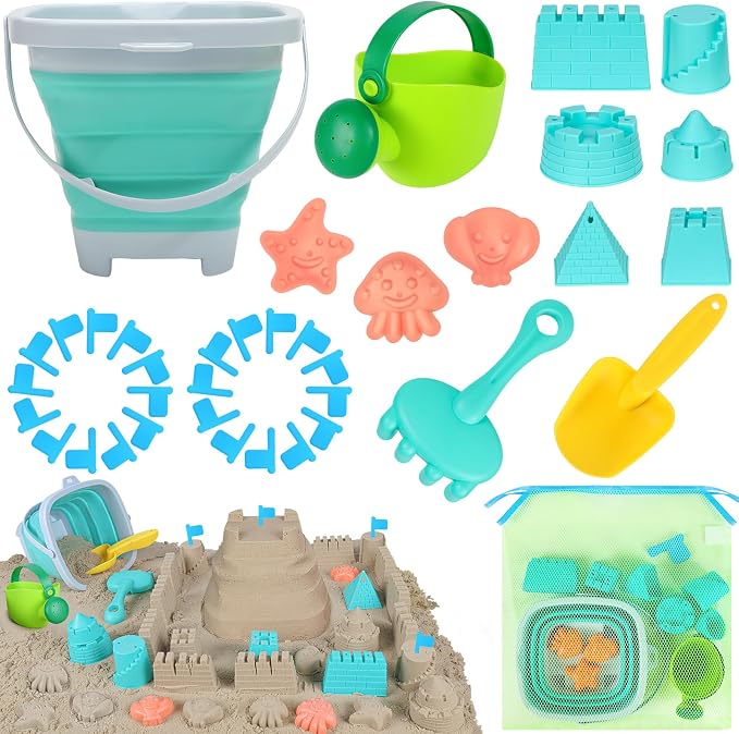 RACPNEL Beach Toys Sand Set for Kids, Collapsible Bucket and Shovels with Mesh Bag, Molds, Flags, Sandbox Kids Toddlers, Travel (Tavel Size)
