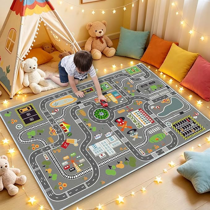Kids Rug Play Mat Great for Playing with Cars and Toys,Educational Kid Road and Traffic City Life Carpet,Children Baby Fun Throw Rug for Bedroom Play Room,24X35Inch/60X90CM