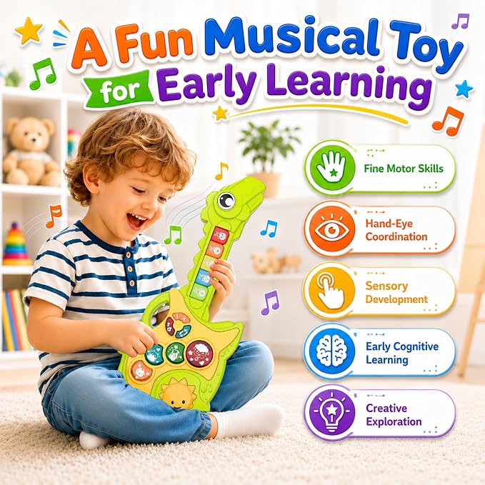 Toys for 1-3Year Old Boy Gift,2-in-1 Electric Guitars,12-18 Month with Animal Sound and Light Dinosaur Musical Guitar Piano Toys,Learning Educational Gift for Toddlers