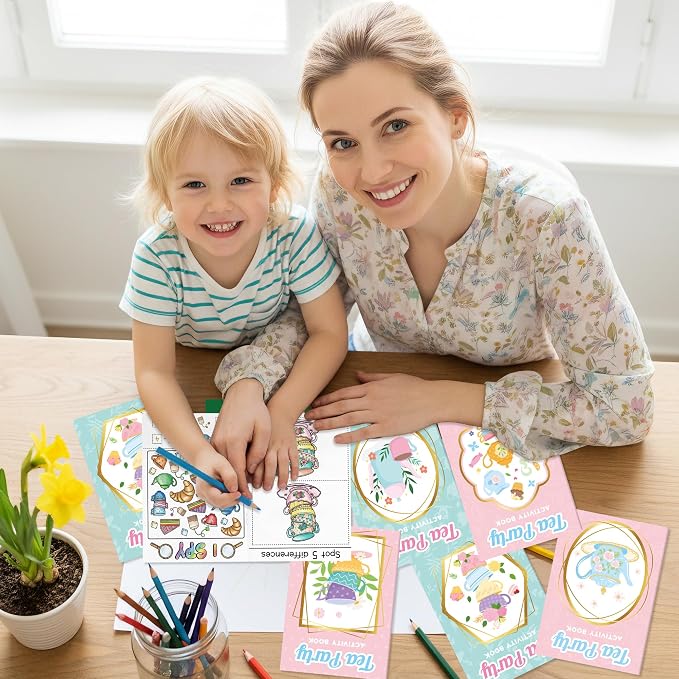 Tea Party Activity Books for Kids - 48Pcs Tea Time Themed Mini Game Coloring Booklet Bulk Maze Word Scramble Word Search Coloring Books for Birthday DIY Party Favor Goodies Bag Filler Classroom Reward
