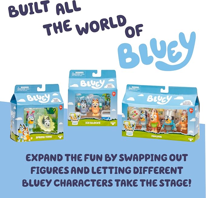 Bluey Let's Play Chef 2-Pack Toy Figure Playset, Ice Blocks Bingo and Socks Toddler Figurine Toys Set, Poseable Figurines for Kids Ages 3-5