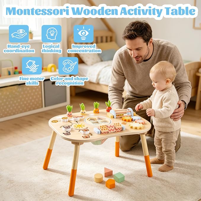 Wooden Activity Table, 6-in-1 Montessori Activity Table for Toddlers, Activity Center for Babies Aged 1–3, Sensory Toys, for Boys and Girls 1+ Years Old