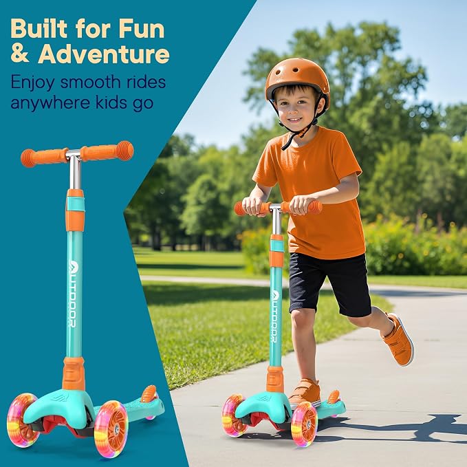 Outdoor Cruiser 3-Wheel Kids Scooter – with Lean-to-Steer Technology, Led Lighted Wheel, 4-Level Adjustable Height T-bar Handle, Support Kids Up to 150 Lbs, for Boys & Girls Ages 3-8, Aqua and Orange