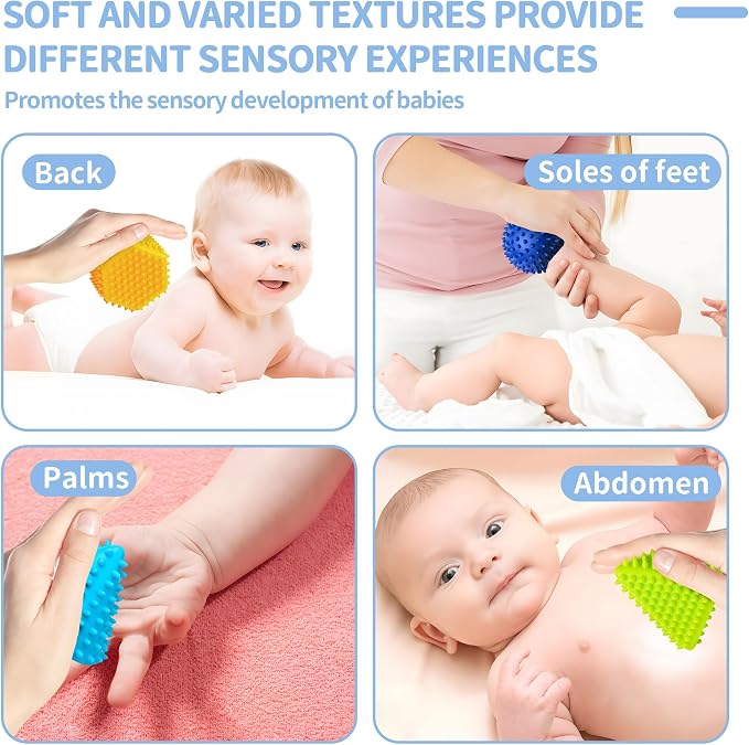 Soft Spiky Sensory Balls, Textured Baby Toys 6 to 12 Months | BPA-Free Plastic, Raised Bumps, Geometric Shapes, Bright Colors, Squeeze, Roll & Massage Play, Gift for Toddlers 1-3