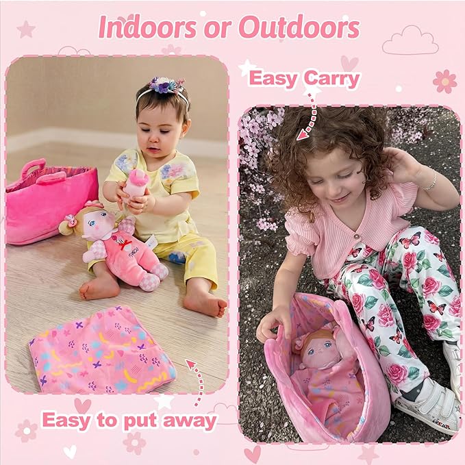OUOZZZ Baby Doll Accessories with Soft Doll, Bassinet, Blanket and Bottle, Interactive Pretend Playset for Social Emotional Learning, Toy for 2 Year Old Girls