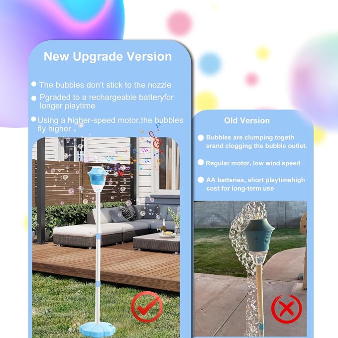 Blue Adjustable Bubble Machine Stand Rechargeable Lights Music Outdoor Lamp | 21-47in Vertical Bubble Torch Wedding Birthday Christmas Garden Decor