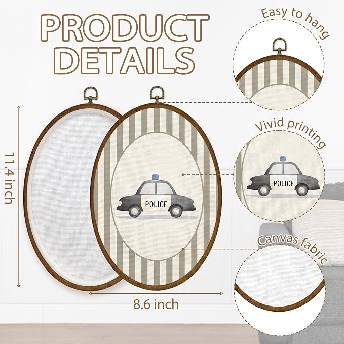 WULQYING Vintage Police Car Nursery Wall Art Decor, Kids Room Oval Framed Canvas Art Prints, Neutral Striped Police Car Wall Hanging Decor for Kids Boy Nursery Room Playroom, 8.5x11.4 Inches