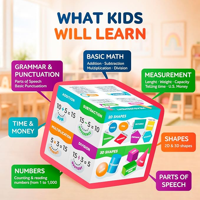WonderCube – Smart Learning Cube for Grades 1–3, Math Games, Multiplication Chart, Telling Time, Homeschool Essentials Supplies, Classroom Must Haves, Gift for Boys & Girls Ages 6–9