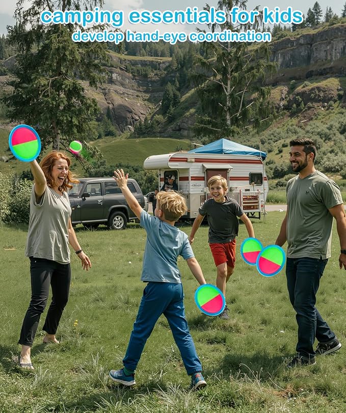 Toss and Catch Ball Game Outdoor Toys for Kids Ages 3-12 & Family, Outside Games for Beach Pool Yard Camping, Boys Birthday Gift, 4 Paddles 4 Sticky Balls & Storage Bag