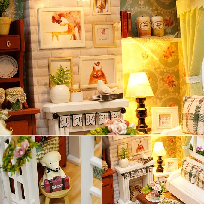 TuKIIE DIY Miniature Dollhouse Kit, 1:24 Scale Wooden Mini Doll House Accessories with Furniture for Kids Teens Adults(Happy Times)