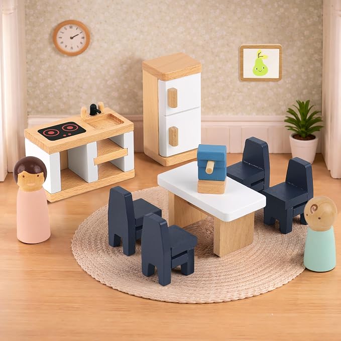 PairPear Wooden Toys Dollhouse Furniture Playset,Natural Wood Pretend Play Furnitures with Family Dolls,Dollhouse Accessories Toys Gift for Girls and Boys 3 Year and Up