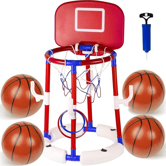 2-in-1 Floating Pool Basketball Hoop, Stable Water Basketball Hoop with Backboard, Basketball Hoop & Ring Toss Pool Games, Summer Fun & Outdoor Family Birthday Pool Toys for Kids & Adults