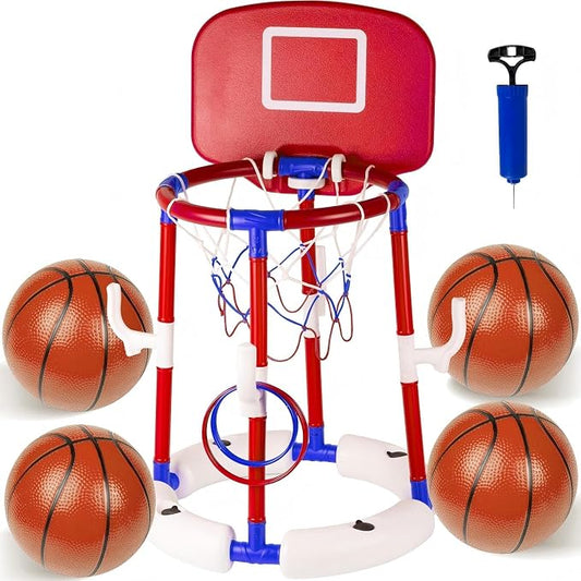 2-in-1 Floating Pool Basketball Hoop, Stable Water Basketball Hoop with Backboard, Basketball Hoop & Ring Toss Pool Games, Summer Fun & Outdoor Family Birthday Pool Toys for Kids & Adults