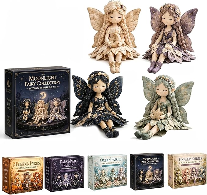 Fairy Patchwork DIY Collection, Fun Flower Fairy Patchwork Sewing Kit, Make 4pcs Winged Elf Cloth Dolls, Complete Fabric Supplies DIY Craft Set for Beginner Crafters, Home Decor Handmade Gift (#G)