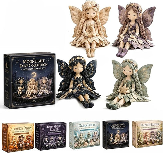 Fairy Patchwork DIY Collection, Fun Flower Fairy Patchwork Sewing Kit, Make 4pcs Winged Elf Cloth Dolls, Complete Fabric Supplies DIY Craft Set for Beginner Crafters, Home Decor Handmade Gift (#G)