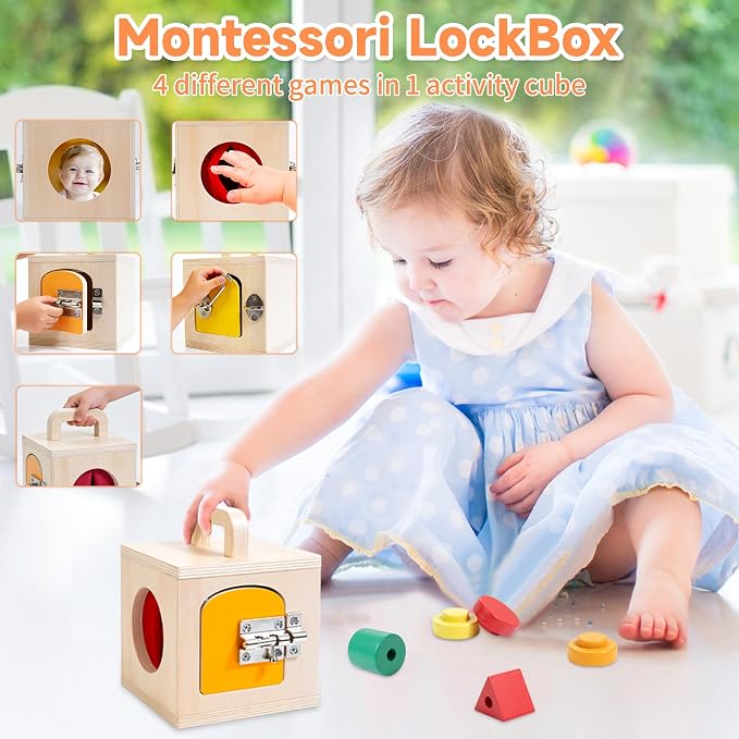 Montessori Toys for 1 2 Year Old, 9 in 1 Wooden Toddler Educational Set, Includes Lock Box, Puzzle, Color Sorting Board, Lacing Beads, Shape Sorter & Animal Figures, Gift for 19-24 Months Boy & Girl