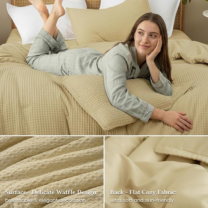 David's Home Waffle Weave Comforter Set 3PCS King Size, Soft Breathable Lightweight Cozy Skin-Friendly Warm for All Season, Elegant Aesthetic Home Decor Bedding Set with Pillow Shams, Pale Khaki