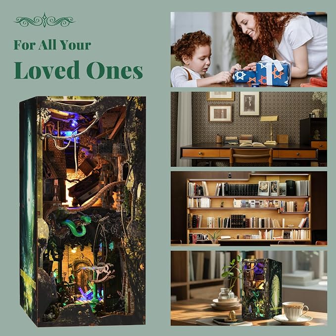 MiniCity DIY Book Nook Kit for Adults, 3D Wooden Puzzle Bookend Bookshelf Insert Decor with LED Light and Dust Cover (Down The Rabbit-Hole Alice in Wonderland)