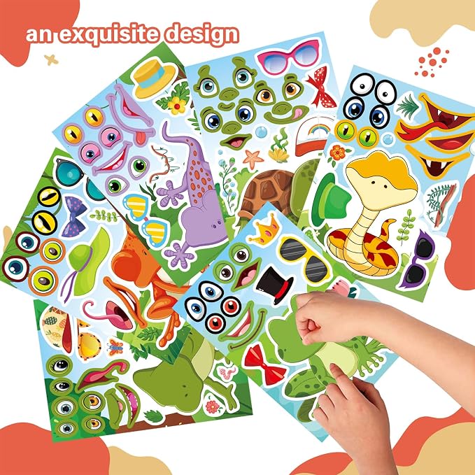 24 PCS Make-a-face Sticker for Kids, Make Your Own Reptile Animal Mix and Match Sticker with Snakes, Lizards, Frogs, Turtles, Kids Party Favor Supplies Craft