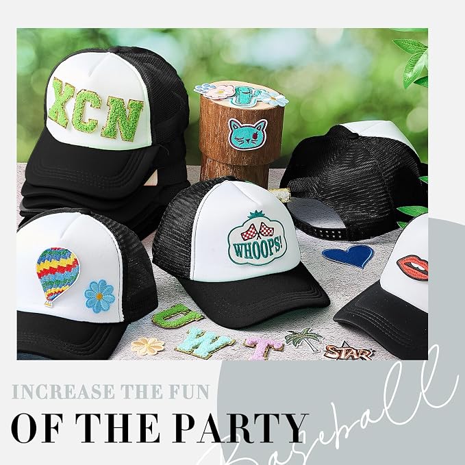 Hercicy 12 Pack DIY Trucker Hats Kit, Sublimation Blank Baseball Caps with 120 pcs Embroidered Patches DIY Craft for Party(Cute,Black&White)