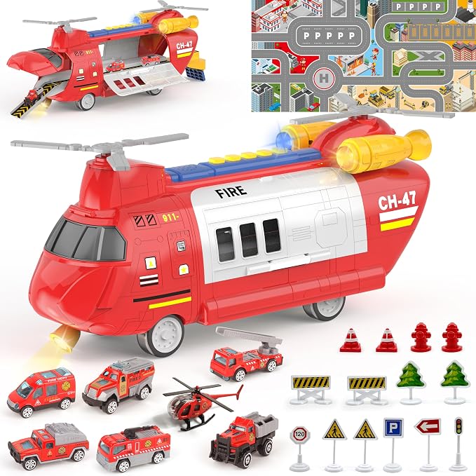Toddler Airplane Toys w/ 7 Alloy Fire Truck Toys/Helicopter, 1 City Play Mat, 12 Road Signs, Airplane Launcher Toys with Lights & Sounds, Auto Spin Propellers, Toy Cars Ejection, Gift for Kids Age 3+