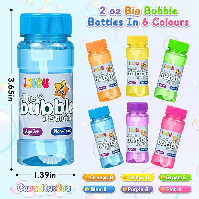 IJIGU Bubble Bottles 48 Pack (2oz), Bubbles for Kids, Bubble Solution with Bulk Wands in 6 Colors as Party Favors for Toddlers 1-3, Summer Outdoor Toy Gift for Boys & Girls